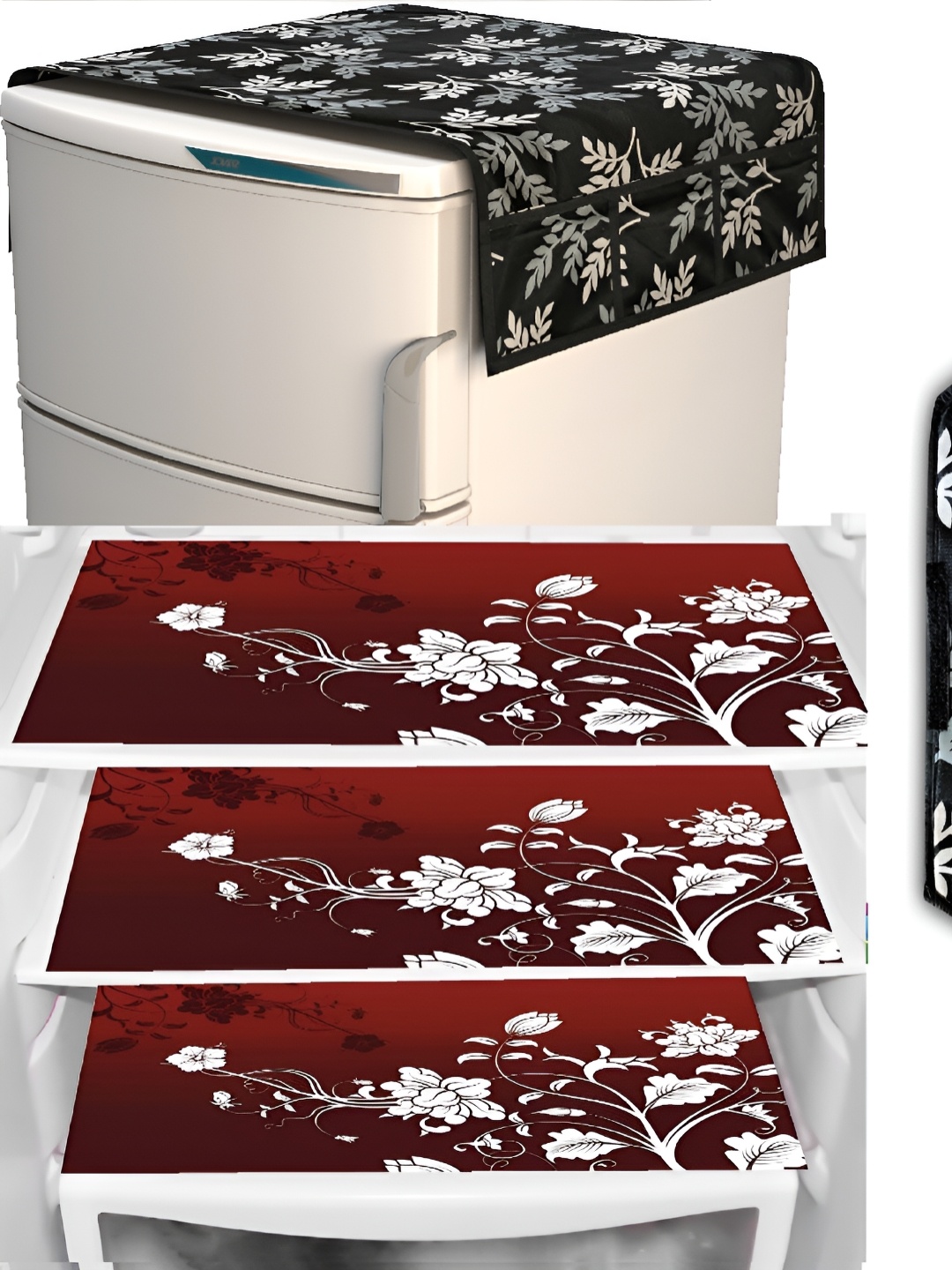 

REVEXO Black & Maroon 5 Pieces Printed Fridge Top Cover, Handle Covers & Mats
