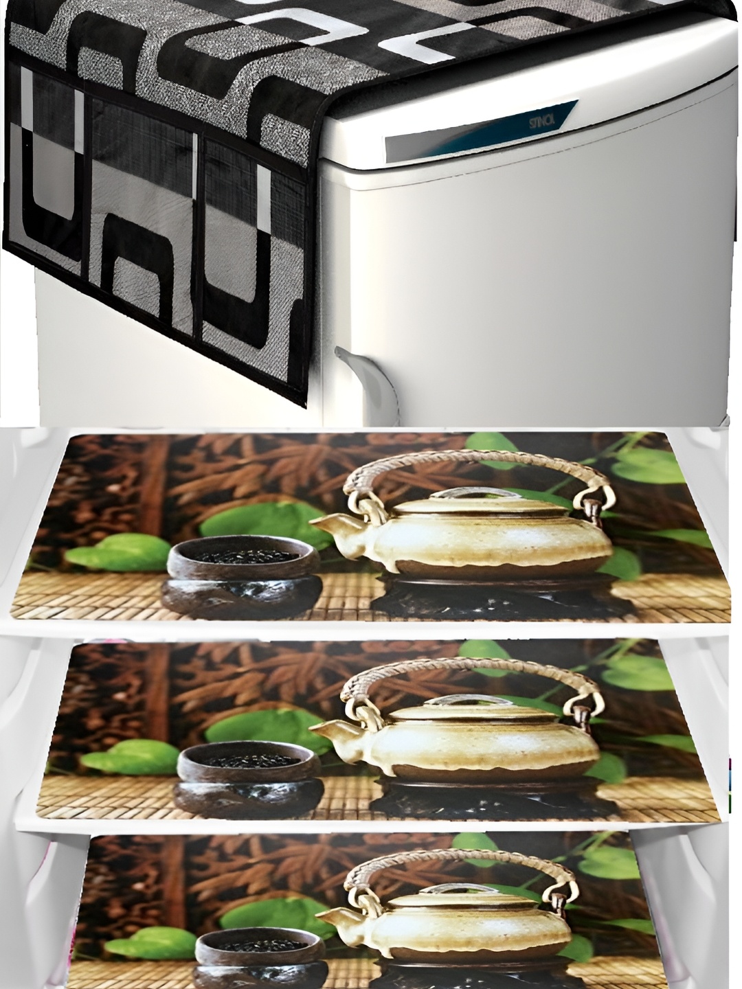 

REVEXO 4-Pcs Brown & Black Printed Refrigerator Top Cover & Mats