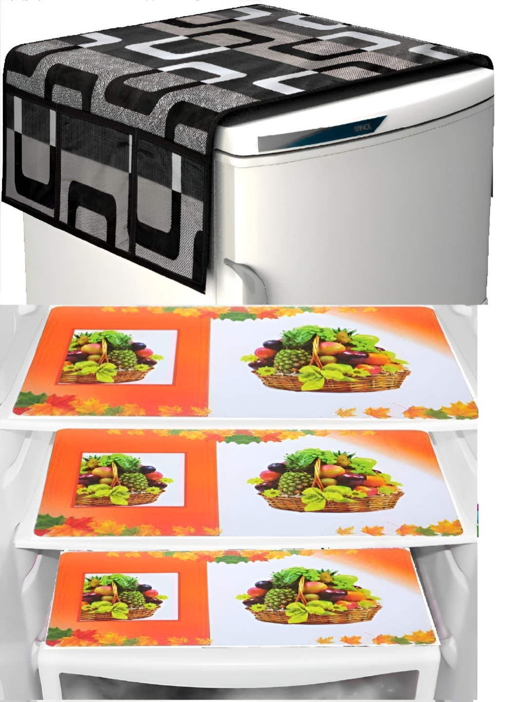 

REVEXO Orange & Black 5 Pieces Printed Fridge Top Cover, Handle Covers & Mats