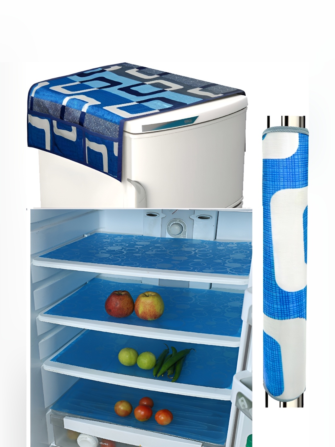 

REVEXO 6-Pcs Blue & Cream Coloured Printed Fridge Top Cover, Handle Covers & Mats