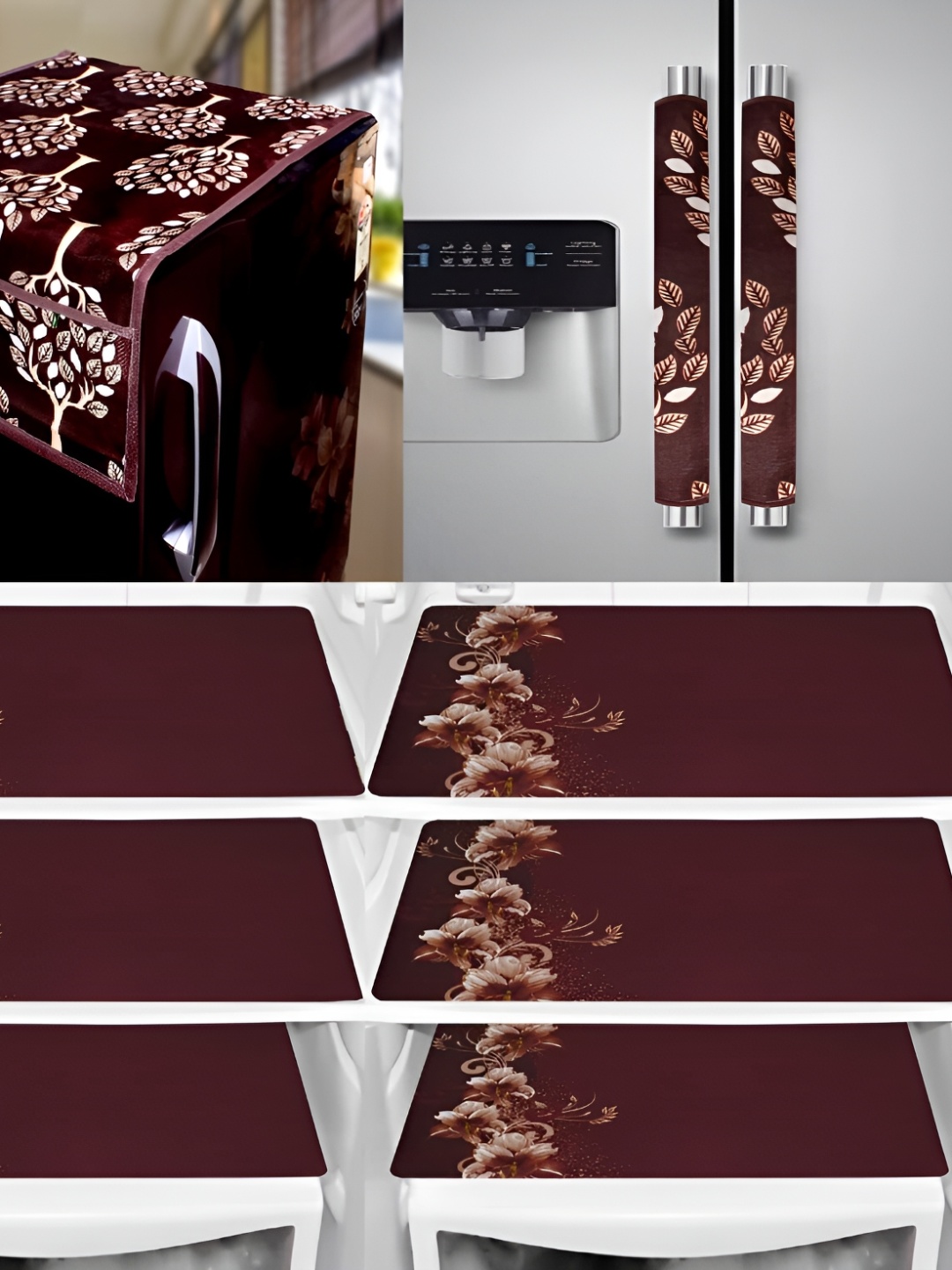 

REVEXO Brown 9Pcs Printed Easy To Clean Fridge Top Cover Handle Covers & Mats