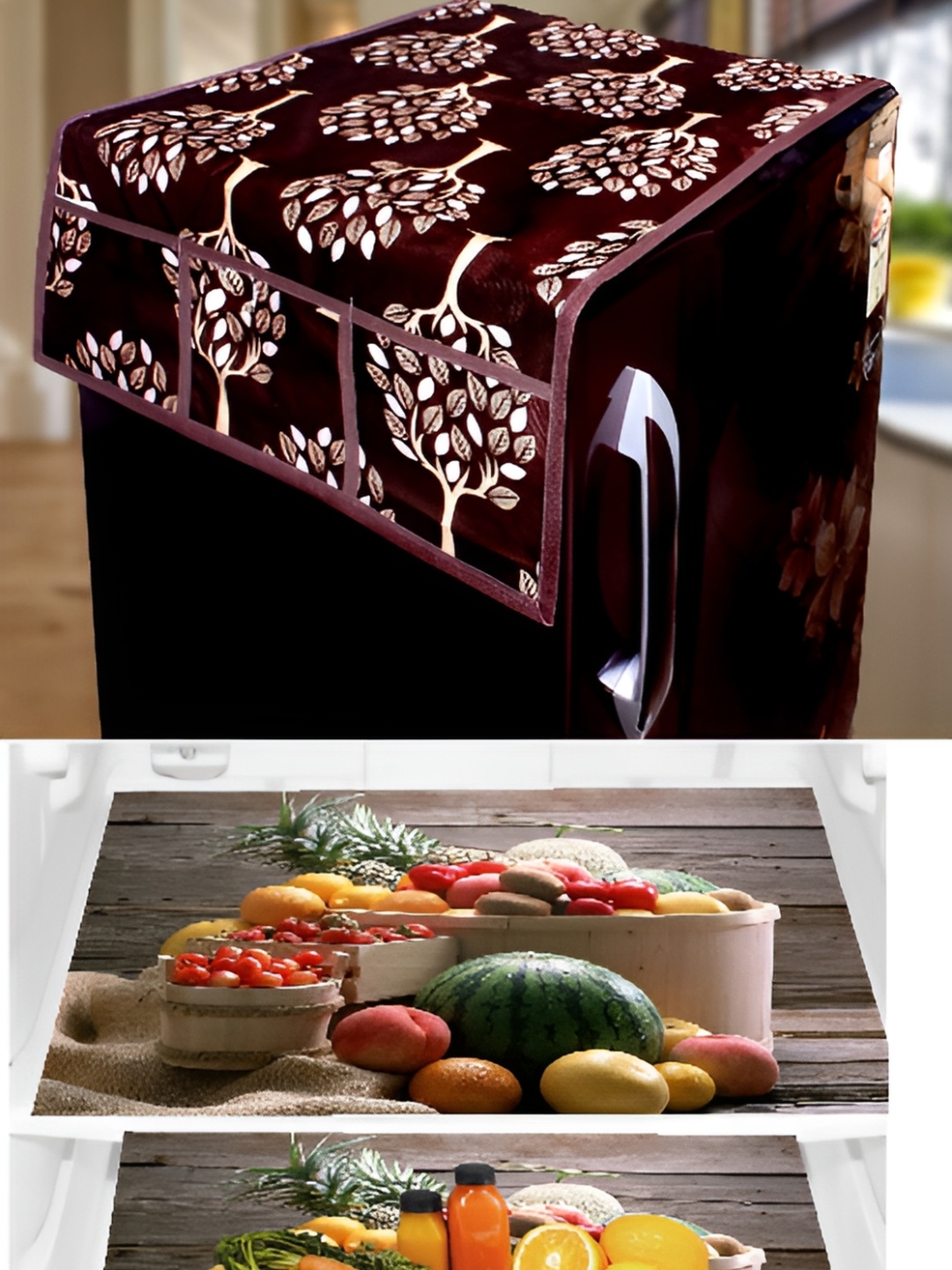 

REVEXO Brown & Beige 4 Pieces Printed Refrigerator Top Cover & Mats