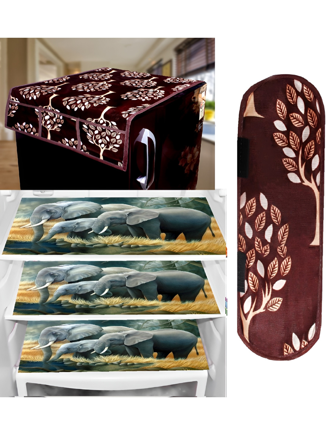 

REVEXO 5-Pcs Brown Printed Fridge Top Cover, Handle Covers & Mats