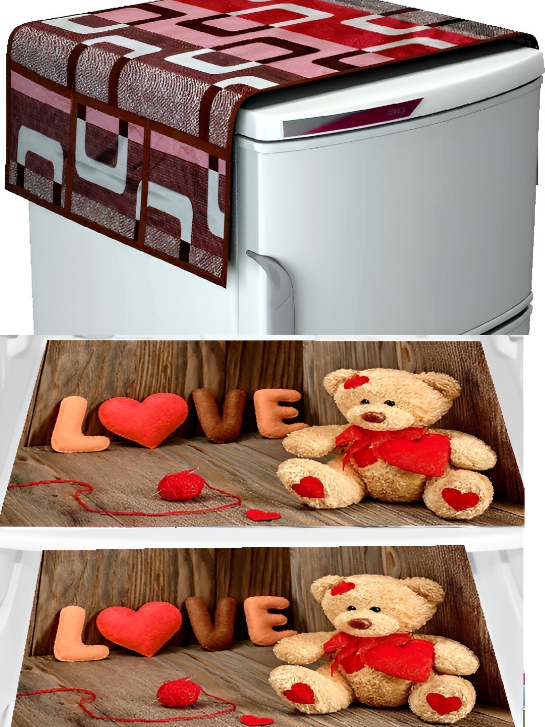 

REVEXO 4-Pcs Brown & Red Printed Refrigerator Top Cover & Mats