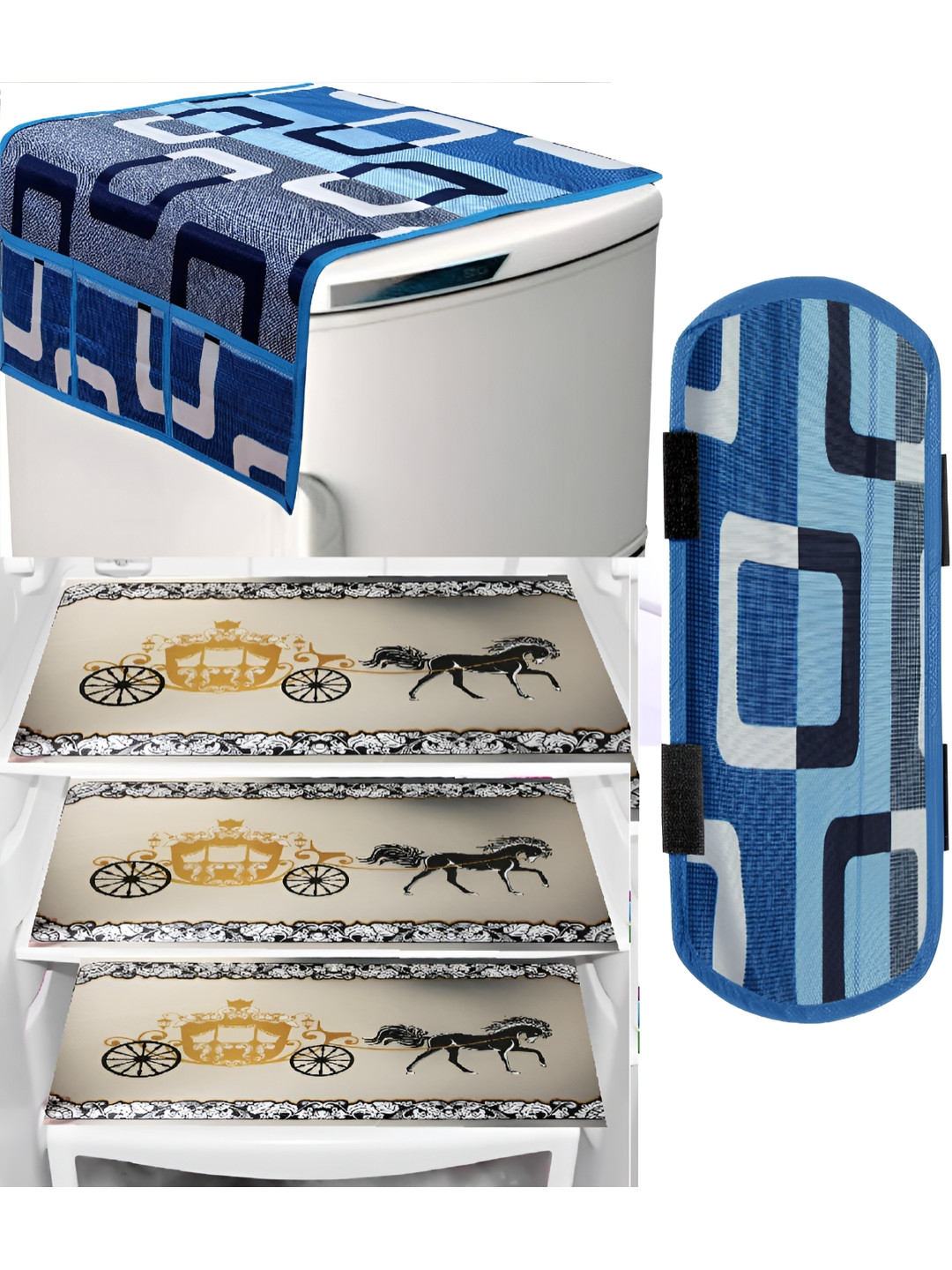 

REVEXO 5-Pcs Blue & Grey Printed Fridge Top Cover, Handle Covers & Mats