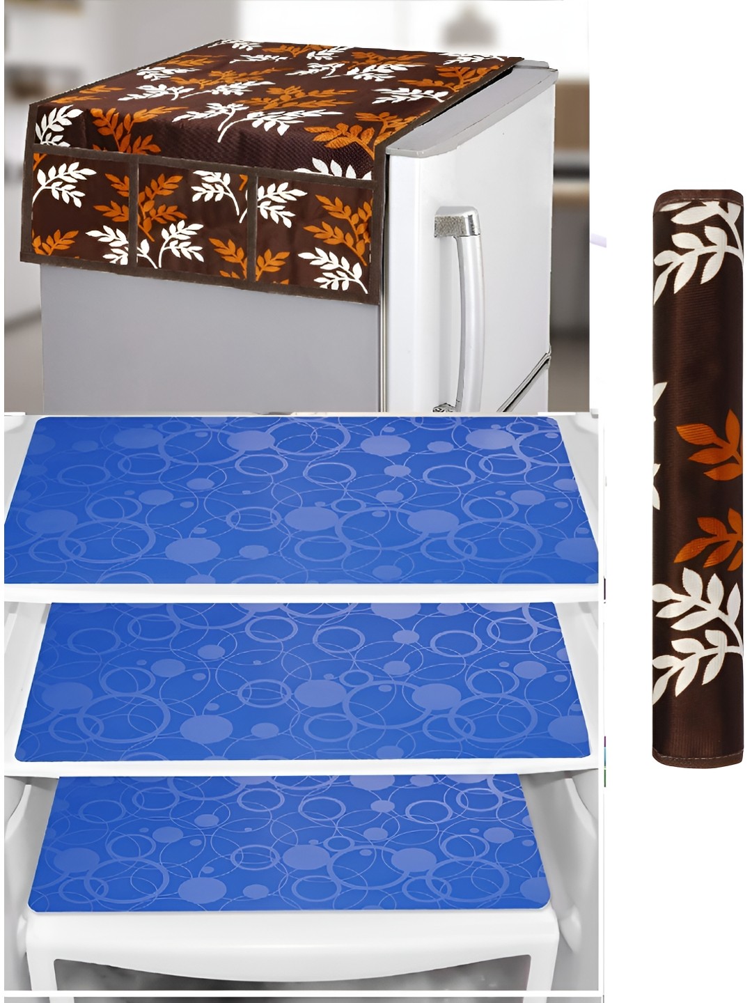 

REVEXO 5-Pcs Brown & Blue Printed Fridge Top Cover, Handle Covers & Mats
