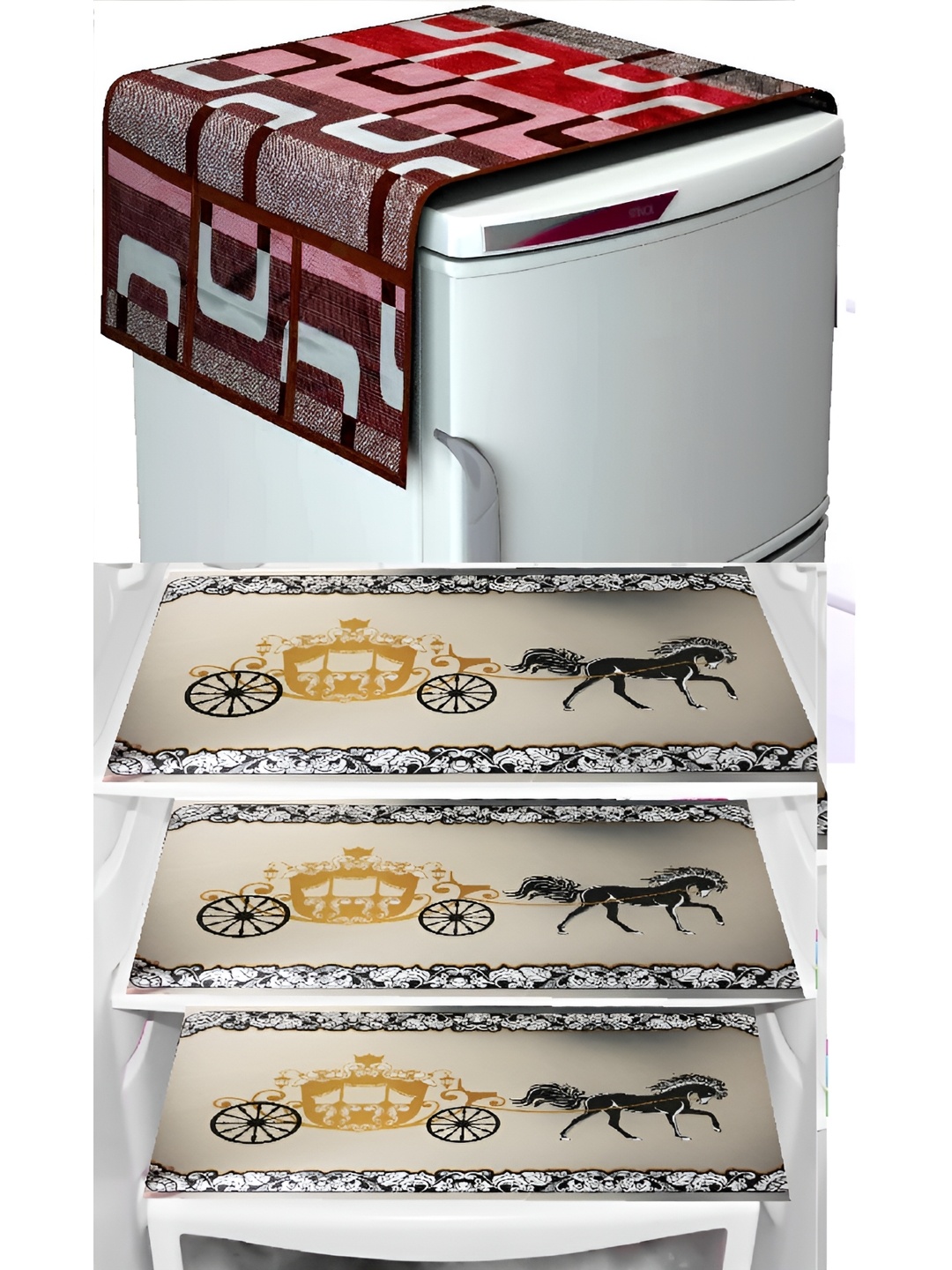 

REVEXO 4-Pcs Red & Beige Printed Refrigerator Top Cover & Mats