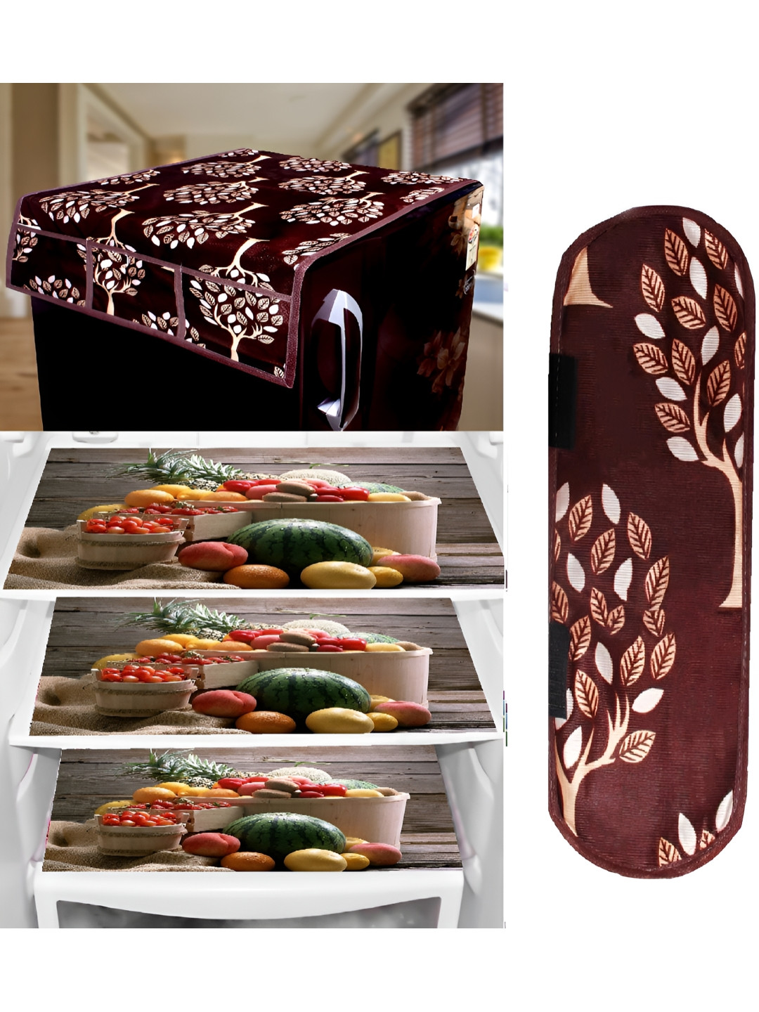 

REVEXO 5-Pcs Maroon & White Printed Fridge Top Cover, Handle Covers & Mats, Brown