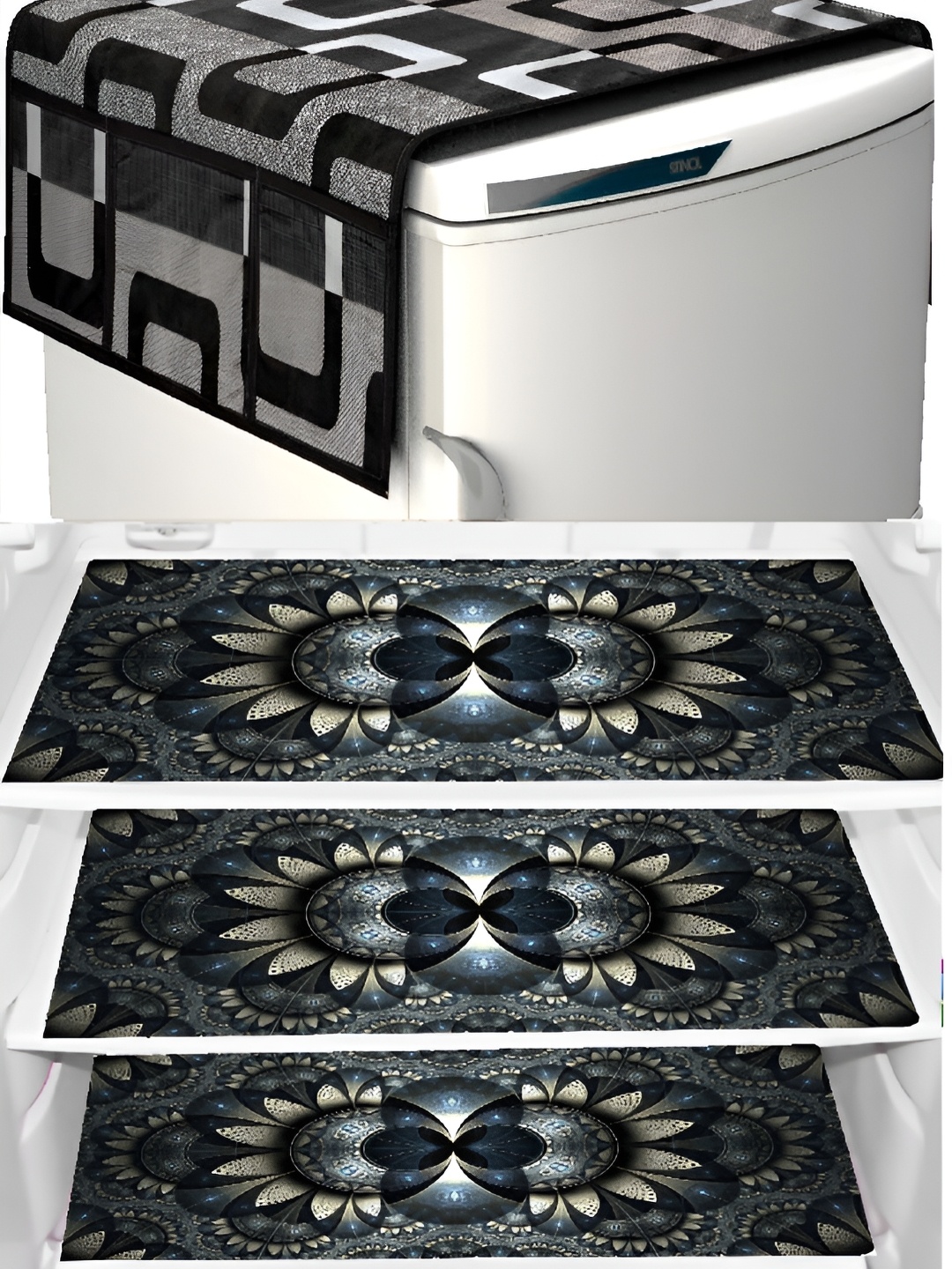 

REVEXO 4-Pcs Black & Beige Printed Refrigerator Top Cover & Mats