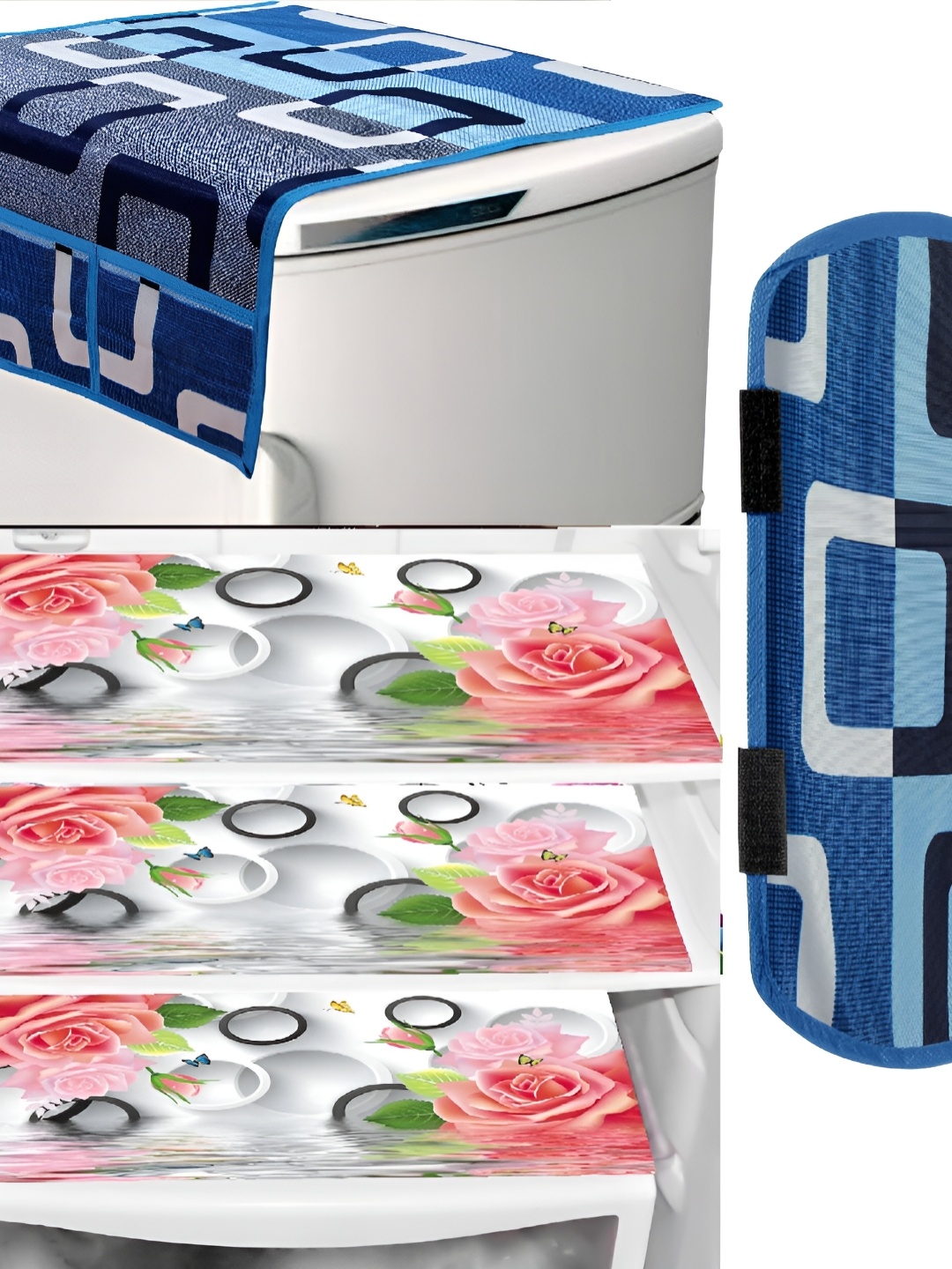 

REVEXO 5-Pcs Pink & Blue Printed Fridge Top Cover, Handle Covers & Mats