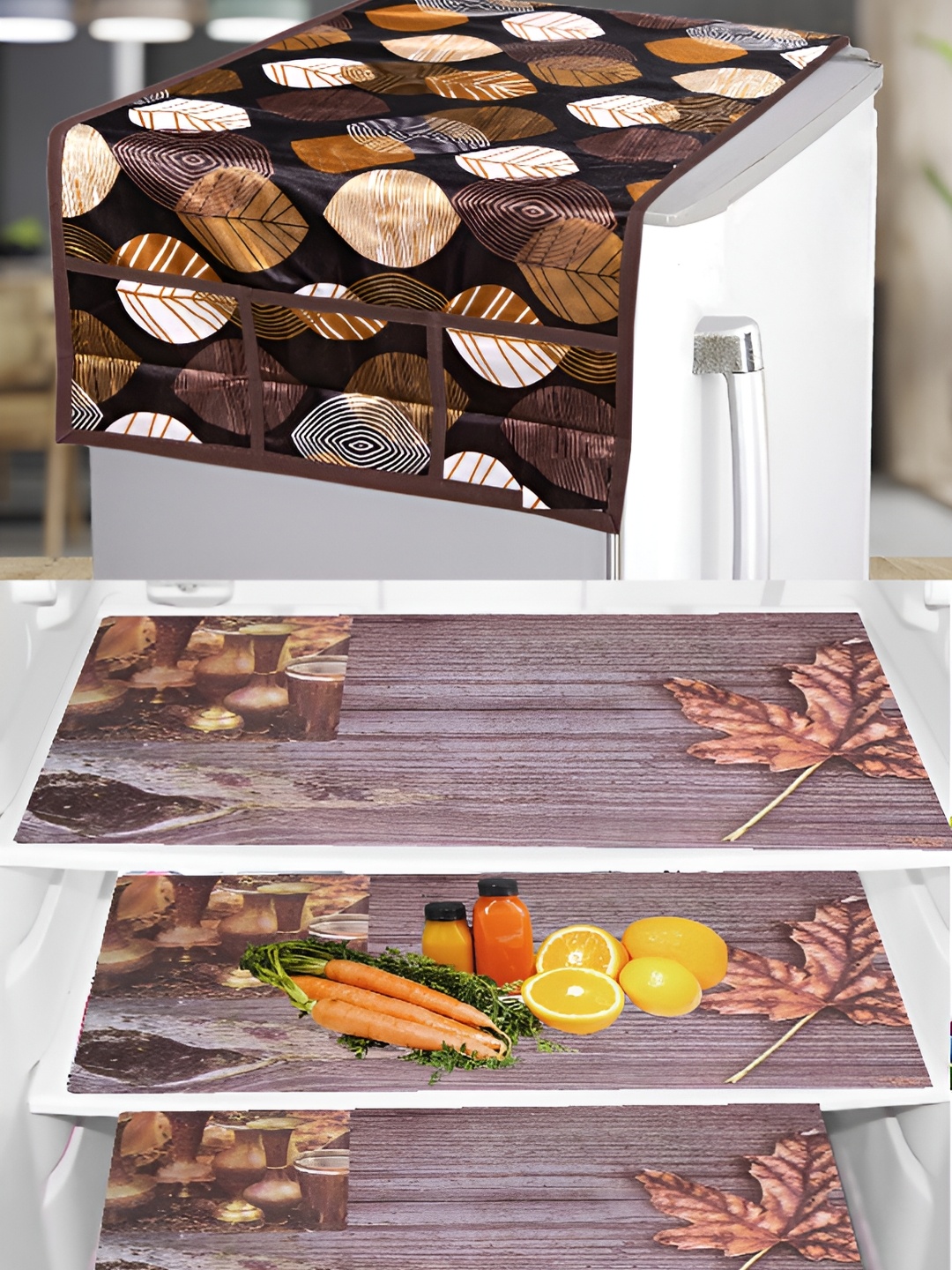 

REVEXO 4-Pcs Brown & Beige Printed Refrigerator Top Cover & Mats