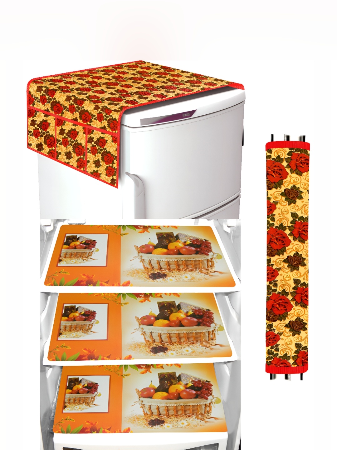 

REVEXO 5-Pcs Yellow & White Printed Fridge Top Cover, Handle Covers & Mats