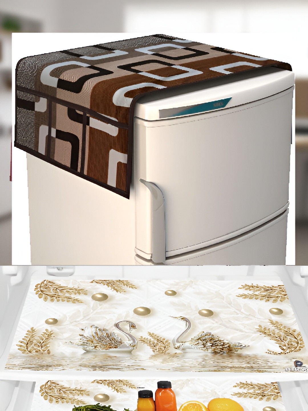 

REVEXO 4-Pcs Brown & Beige Printed Refrigerator Top Cover & Mats