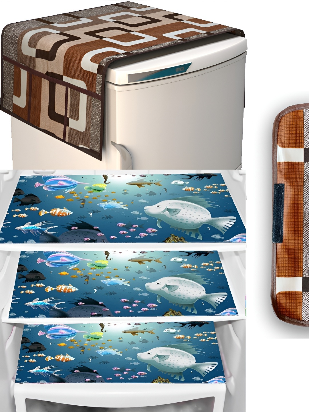 

REVEXO 5-Pcs Brown & Blue Printed Fridge Top Cover, Handle Covers & Mats