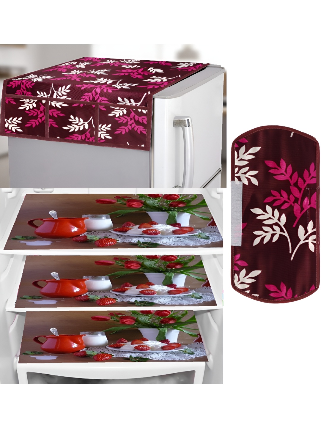

REVEXO 5-Pcs Pink & White Printed Fridge Top Cover, Handle Covers & Mats