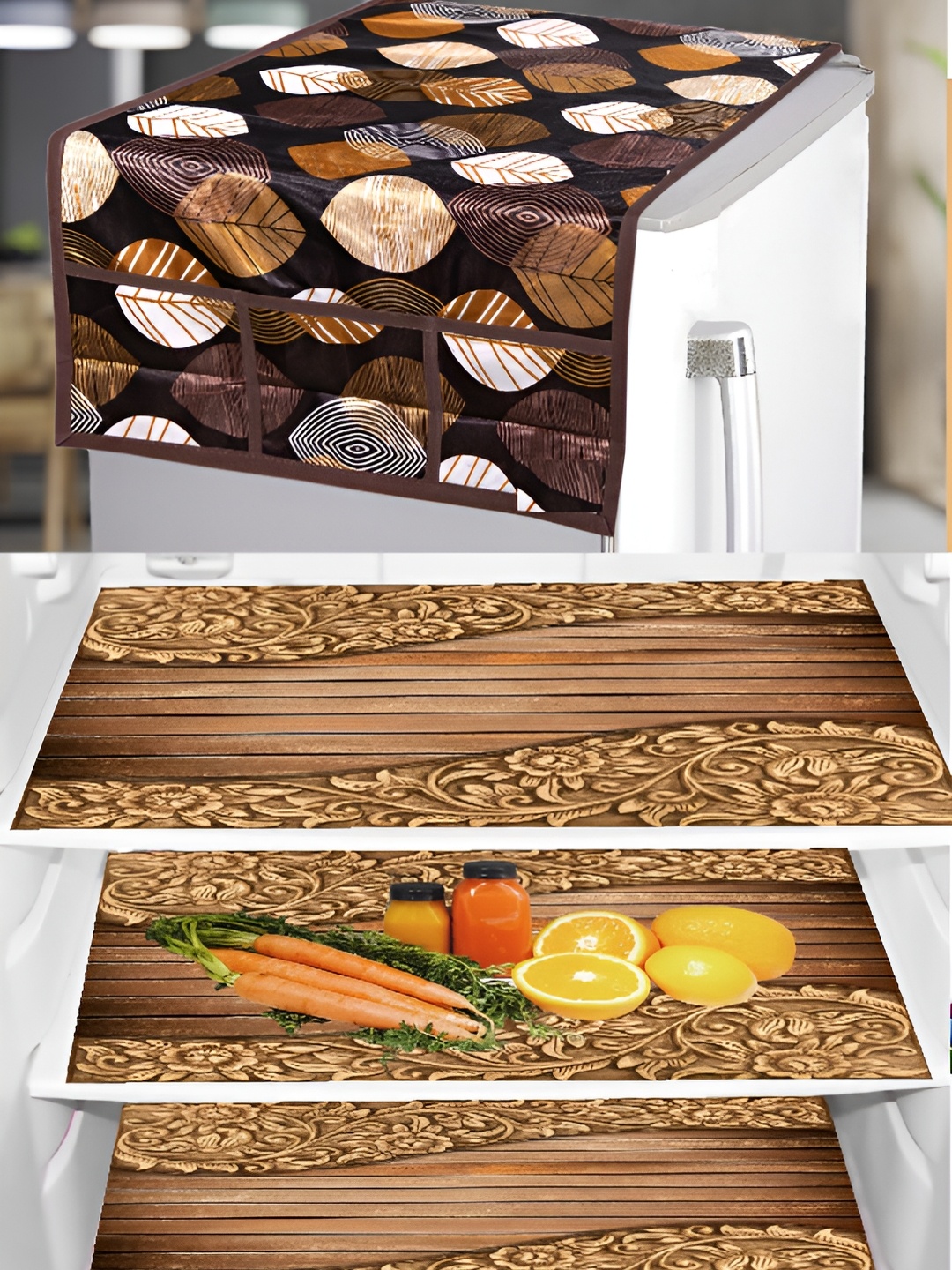 

REVEXO 4-Pcs Brown Printed Fridge Top Cover & Mats