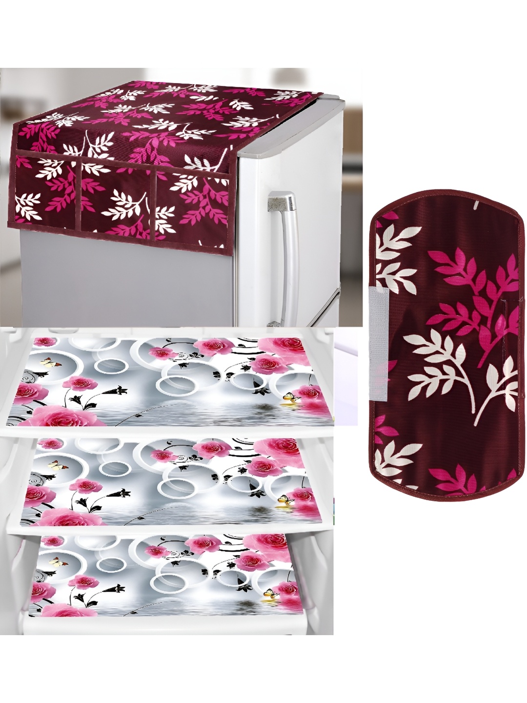 

REVEXO 5-Pcs Pink & White Printed Fridge Top Cover, Handle Covers & Mats
