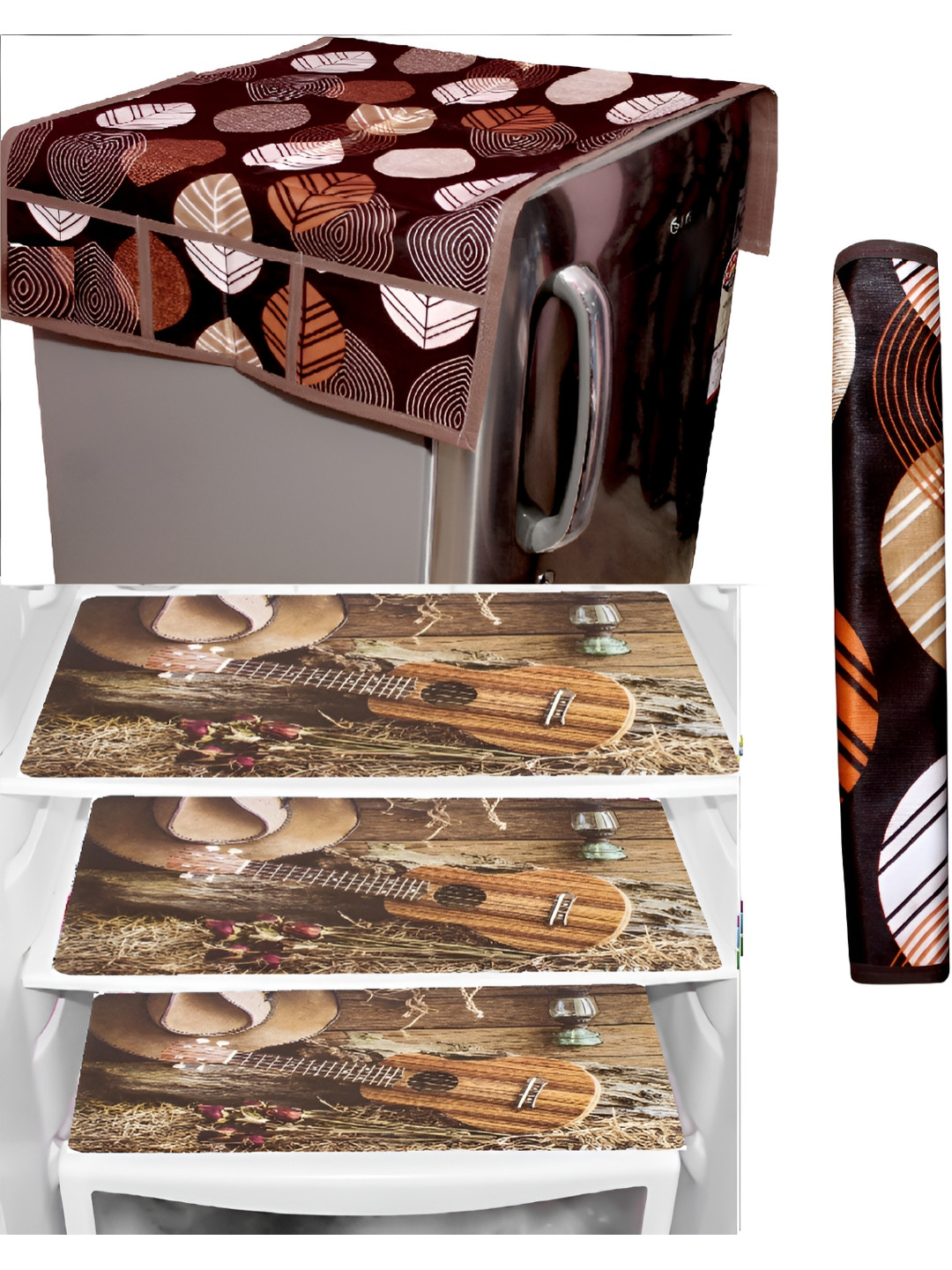 

REVEXO 5-Pcs Brown & Beige Printed Fridge Top Cover, Handle Covers & Mats