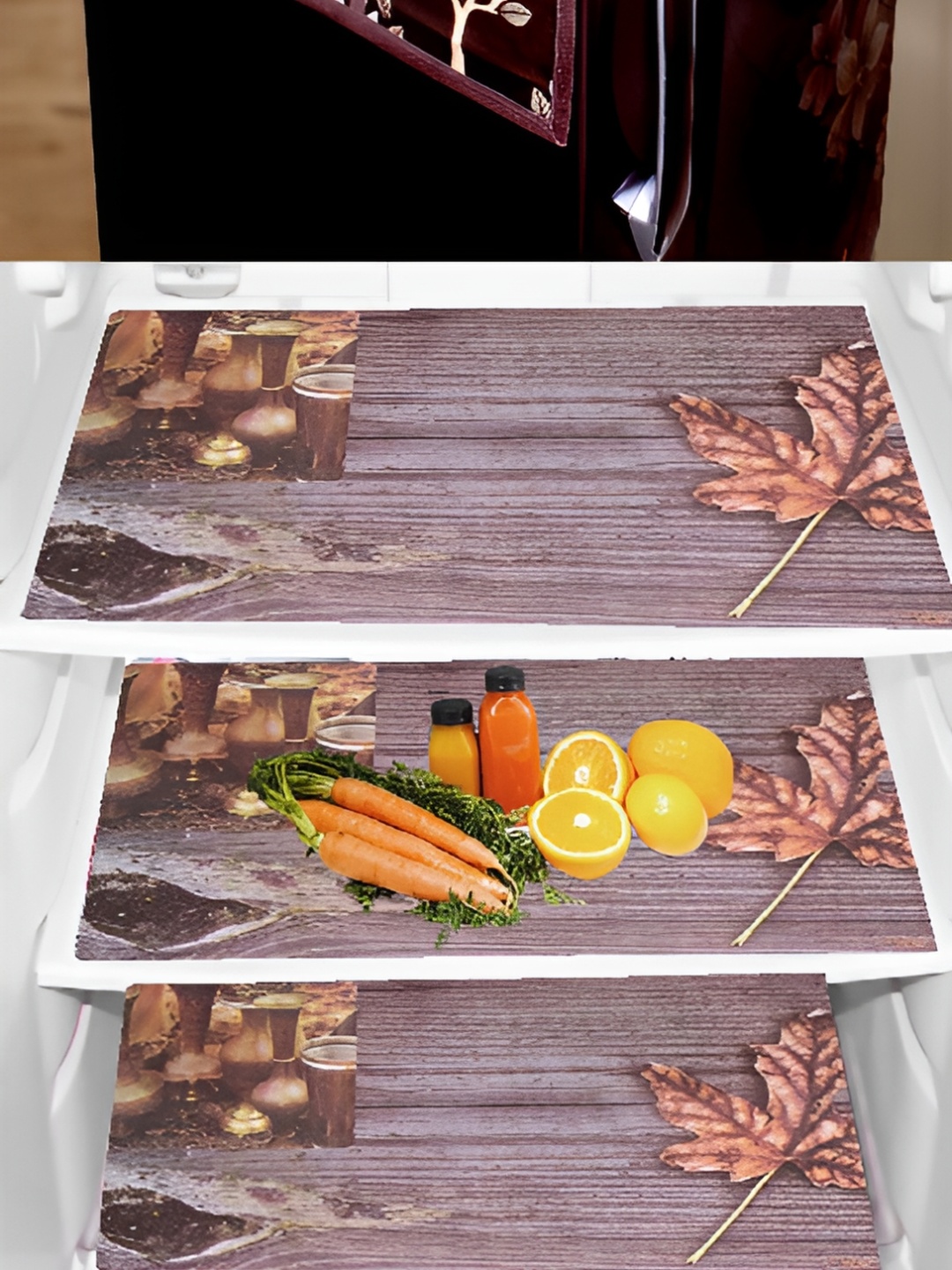 

REVEXO 4-Pcs Maroon & Beige Printed Refrigerator Top Cover & Mats