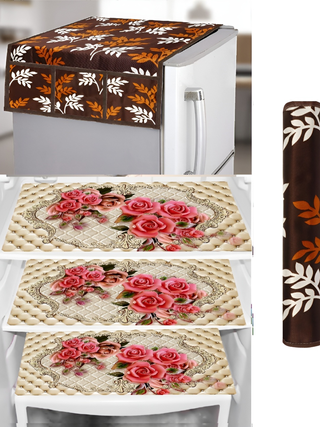 

REVEXO 5-Pcs Beige & Brown Printed Fridge Top Cover, Handle Covers & Mats