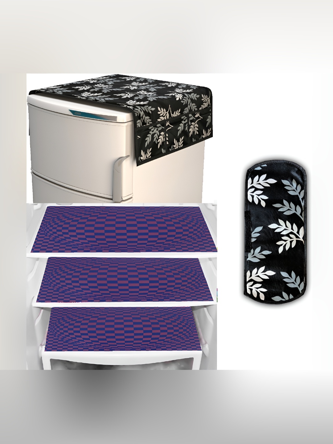 

REVEXO 5-Pcs Black & Blue Printed Fridge Top Cover, Handle Covers & Mats