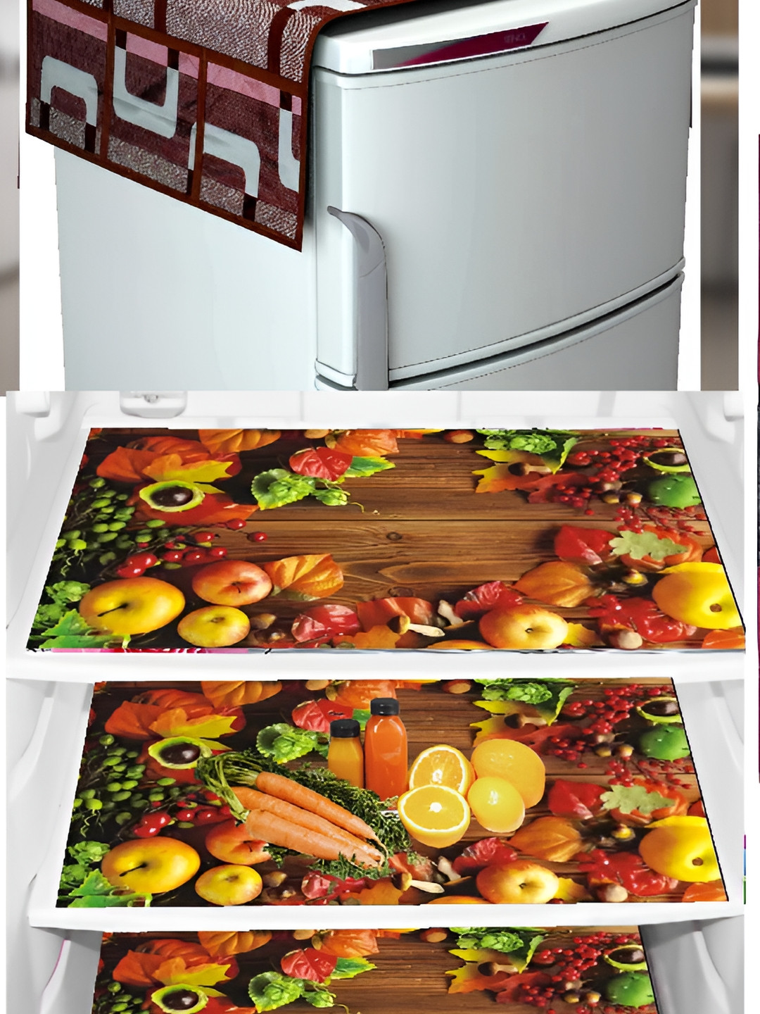 

REVEXO 4-Pcs Brown & Red Printed Refrigerator Top Cover & Mats