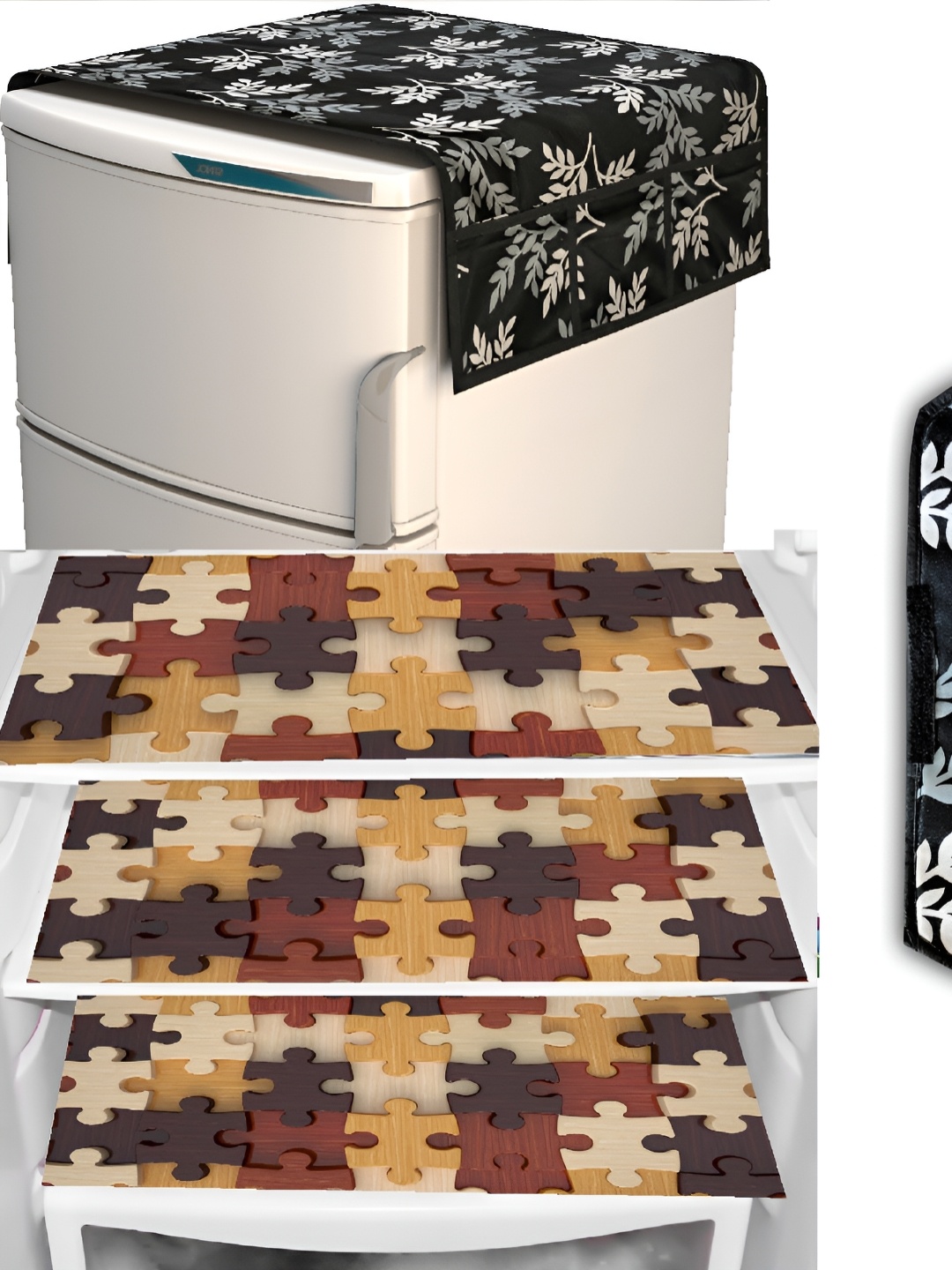 

REVEXO 5-Pcs Black & Beige Printed Fridge Top Cover, Handle Covers & Mats