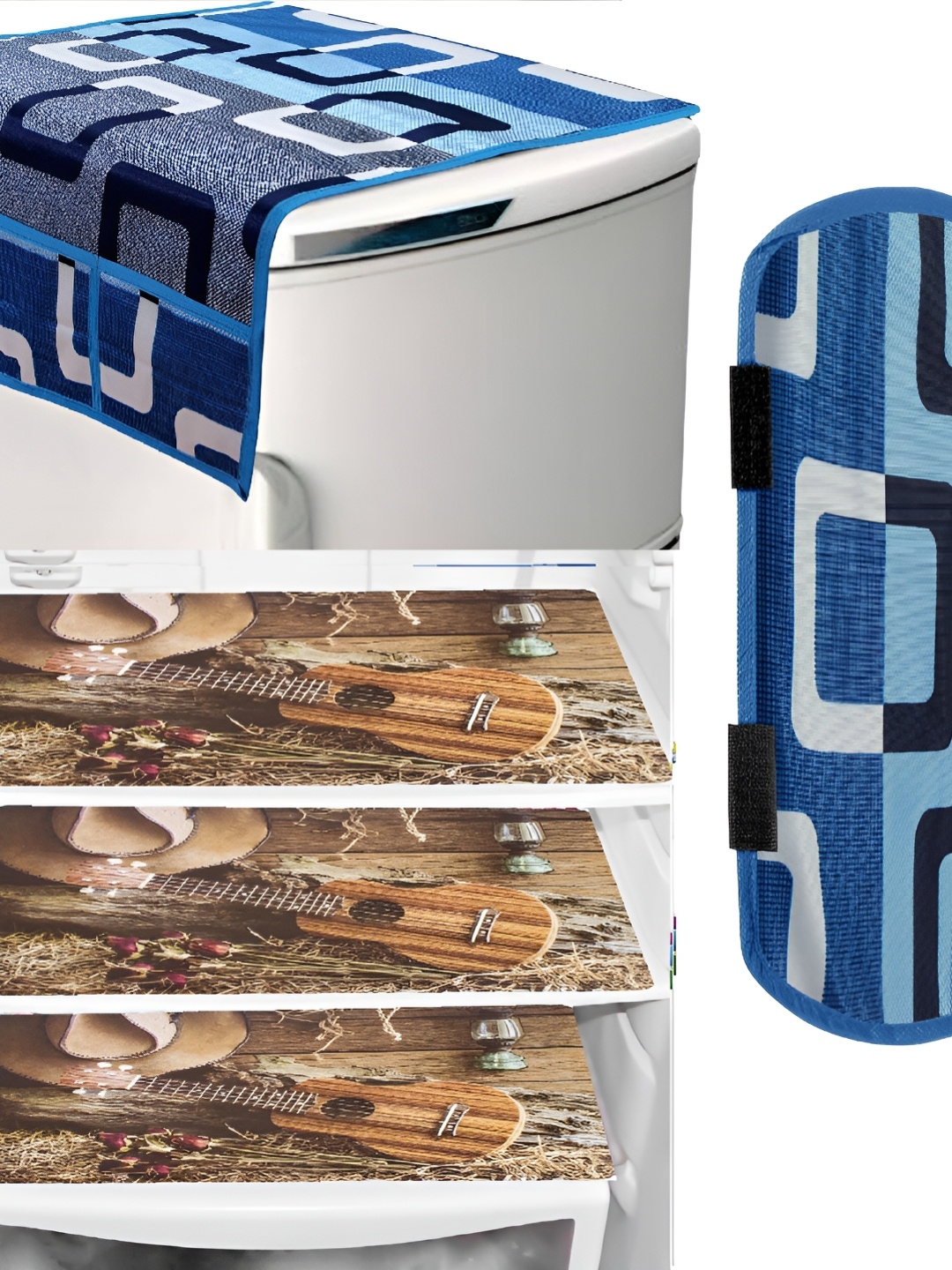 

REVEXO 5-Pcs Blue & Brown Printed Fridge Top Cover, Handle Covers & Mats