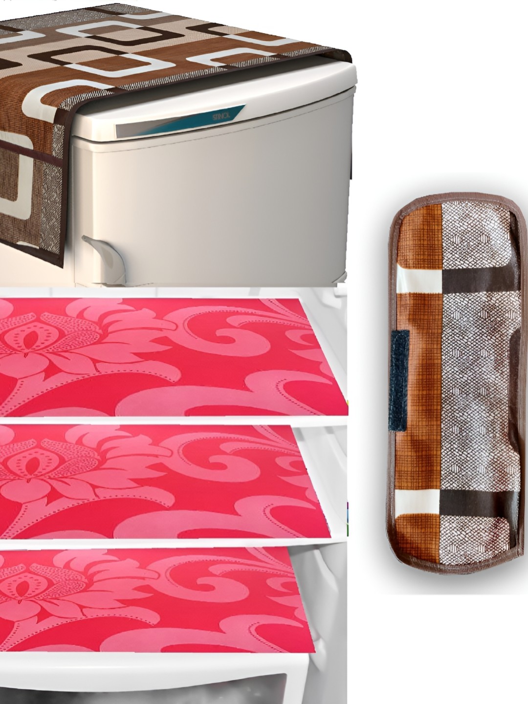 

REVEXO 5-Pcs Pink & Brown Printed Fridge Top Cover, Handle Covers & Mats