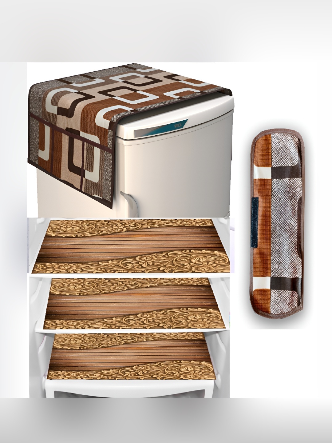 

REVEXO 5-Pcs Brown & White Printed Fridge Top Cover, Handle Covers & Mats