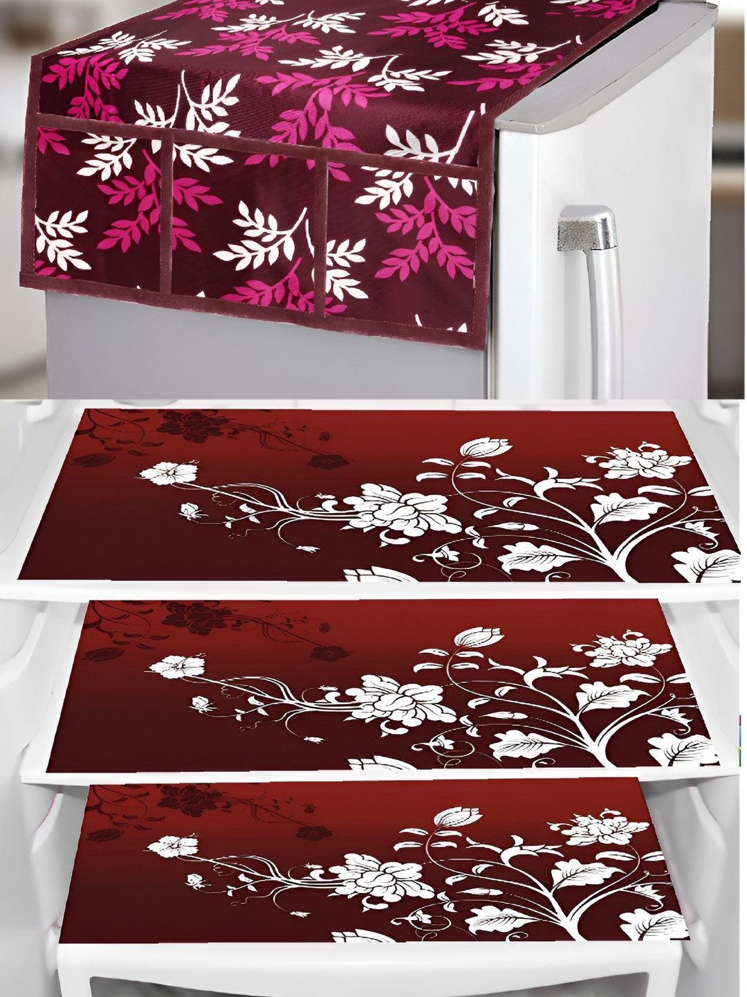 

REVEXO 4 Pcs Maroon Printed Refrigerator Covers