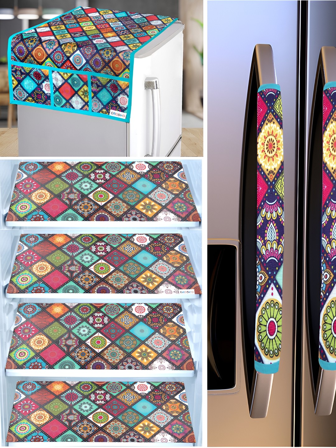 

REVEXO Blue & Yellow 5 Pieces Printed Refrigerator Covers
