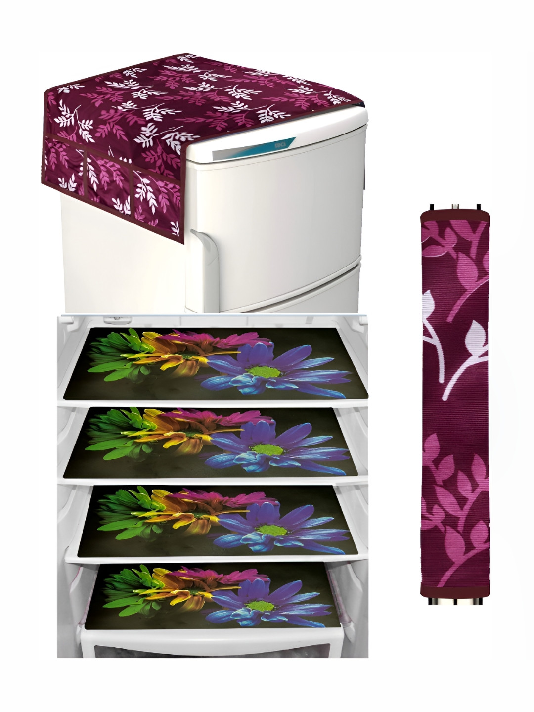

REVEXO Maroon & Blue 7 Pieces Fridge Mat Fridge Handle & Fridge Cover