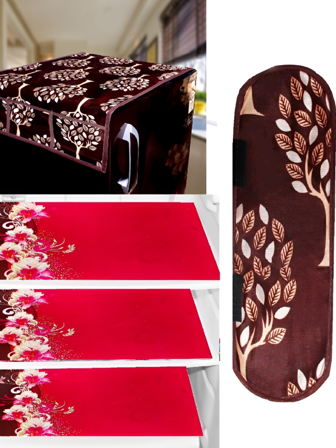 

REVEXO Orange 3 Pieces Printed Refrigerator Mat, Red