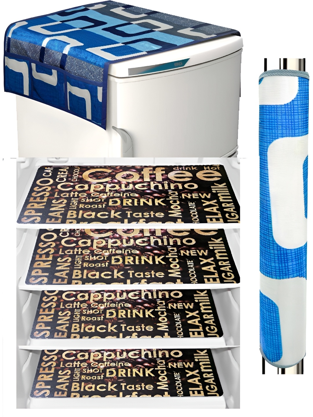

REVEXO Beige & Blue 4 Pieces Printed Refrigerator Mats