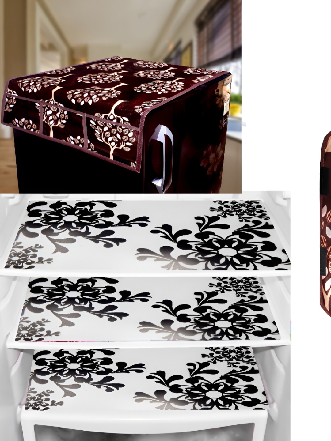 

REVEXO White & Burgundy 5-Pcs Printed Fridge Top Cover Handle Covers & Mats