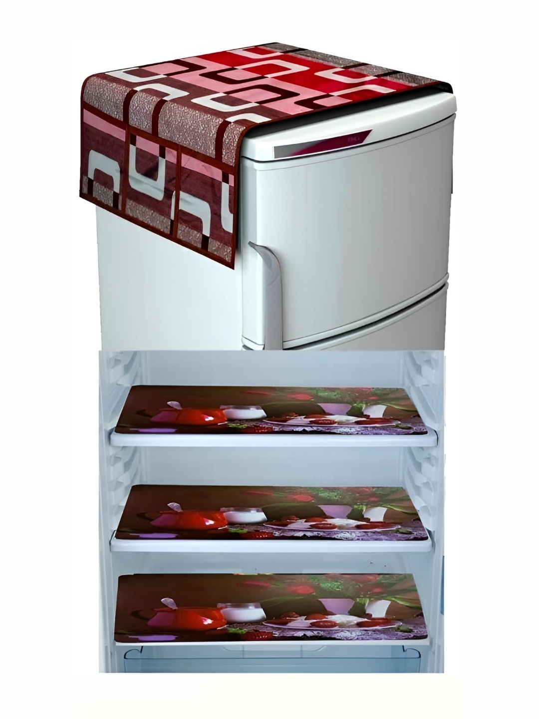 

REVEXO Brown & Pink 4 Pieces Printed Refrigerator covers & Mats