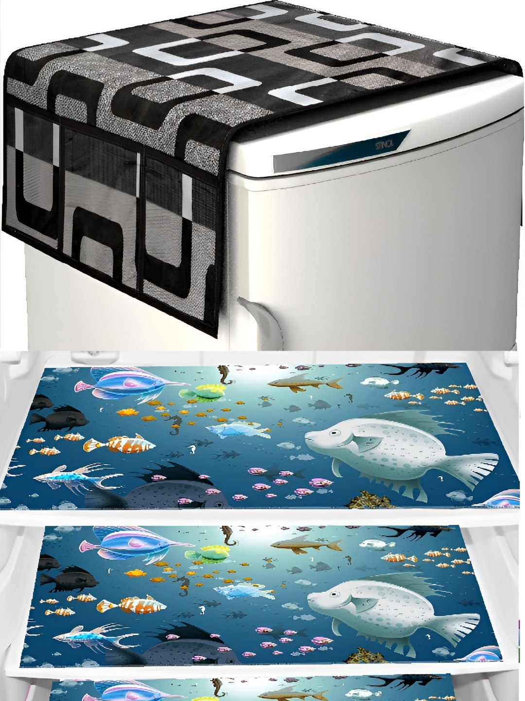 

REVEXO Black & Blue 4 Pcs Printed Fridge Top Cover & Mats