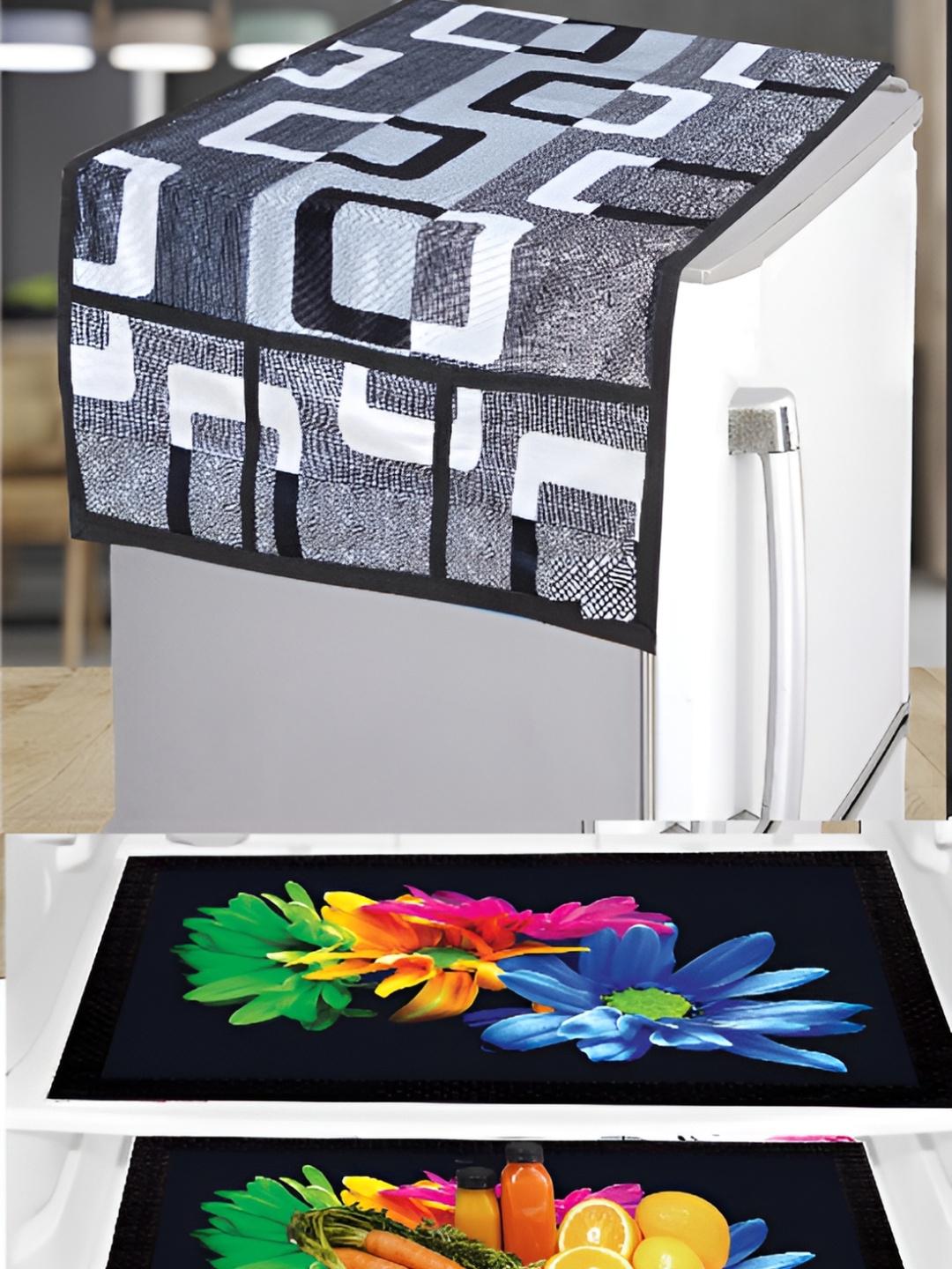 

REVEXO Grey & Black 3 Pcs Printed Fridge Appliance Covers