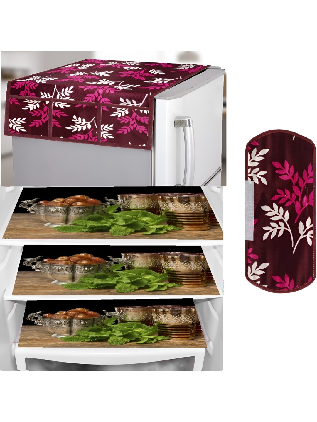 

REVEXO Brown & Burgundy 5 Pieces Printed Fridge Top Cover Handle Covers & Mats