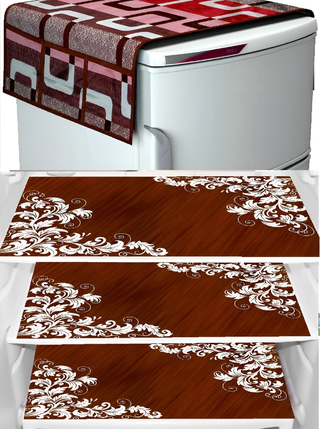 

REVEXO Maroon & White 4 Pieces Printed Fridge Appliance Covers