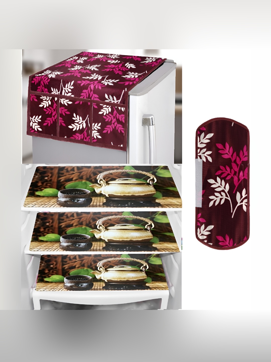 

REVEXO Brown & Burgundy 5-Pcs Printed Fridge Top Cover Handle Covers & Mats