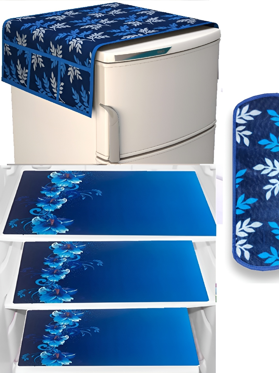 

REVEXO Blue 5 Pieces Floral Printed Fridge Top Cover Handle Covers & Mats