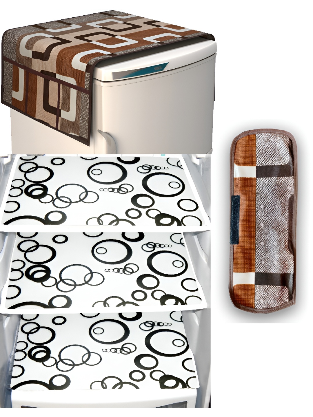

REVEXO 5 Pieces Brown & White Refrigerator covers, Mats & Handle Cover