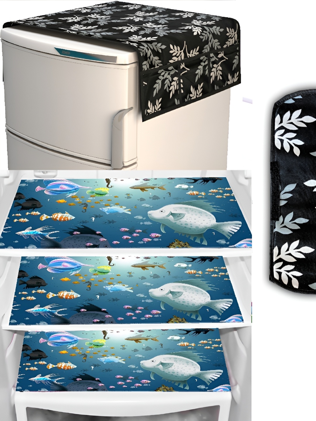 

REVEXO Black & Blue 5 Pieces Printed Fridge Top Cover Handle Covers & Mats