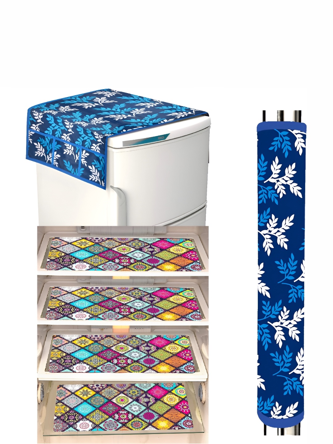 

REVEXO Blue & White 6Pcs Printed Refrigerator covers Mats & Handle Cover