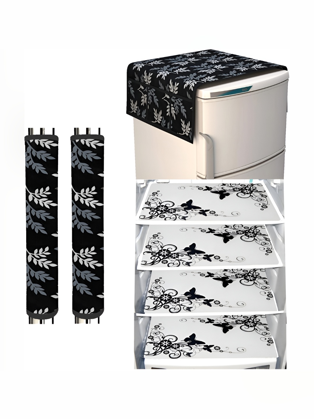 

REVEXO Black & White 7 Pieces Refrigerator covers, Mats & Handle Cover