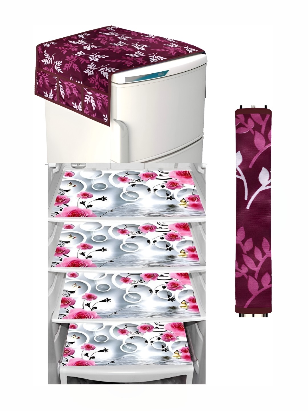 

REVEXO Pink & White 6Pcs Printed Refrigerator covers Mats & Handle Covers