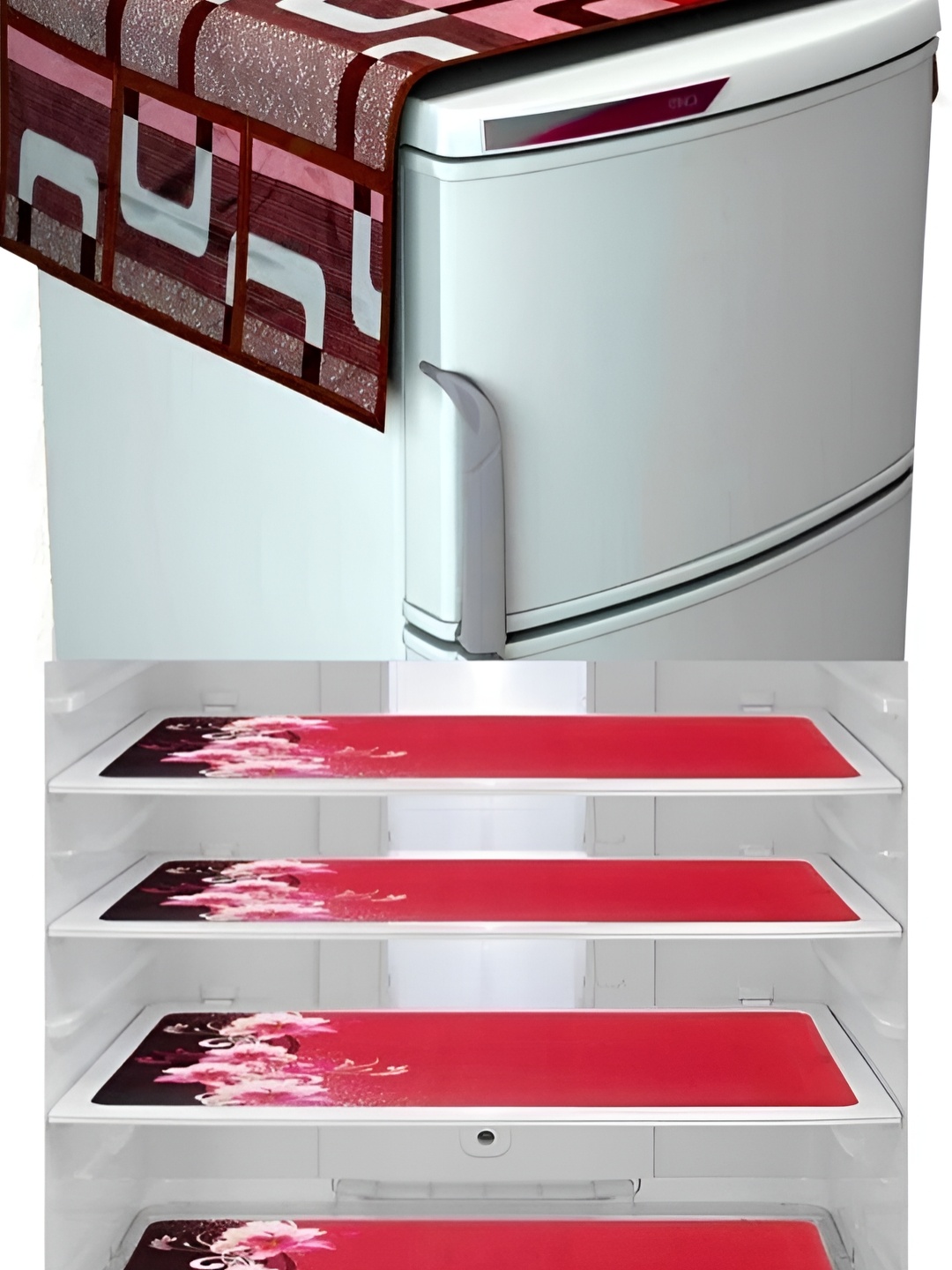 

REVEXO Brown & Pink 4 Pieces Refrigerator covers & Mats