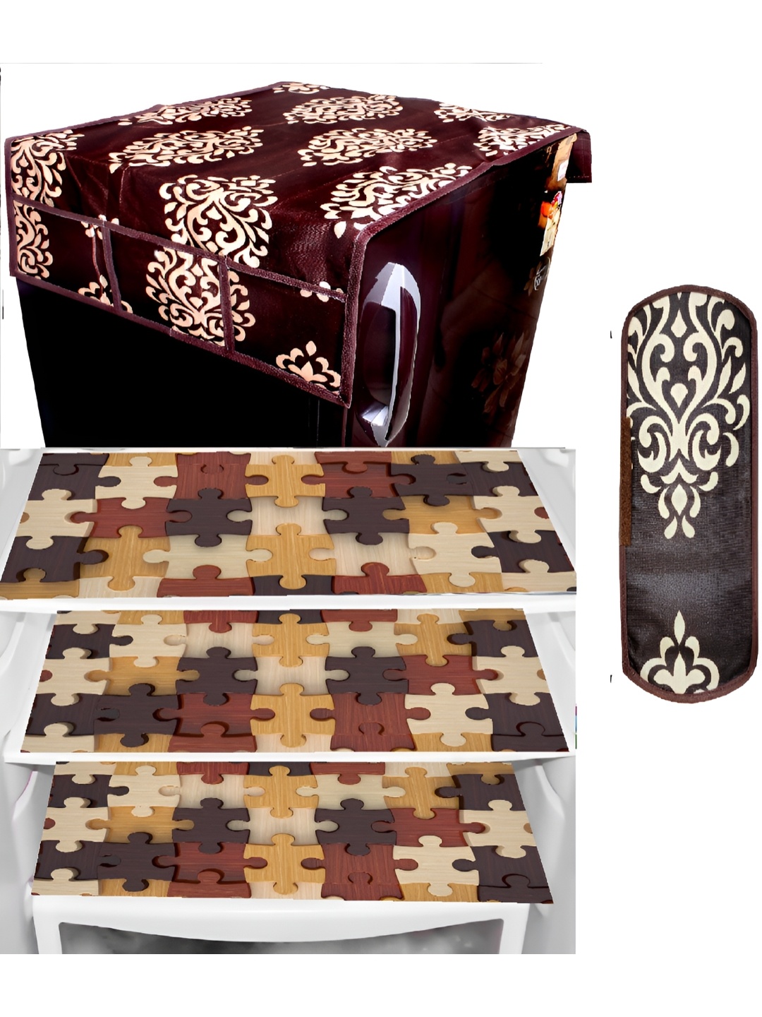 

REVEXO Set Of 5 Brown & Beige Refrigerator covers, Mats & Handle Cover